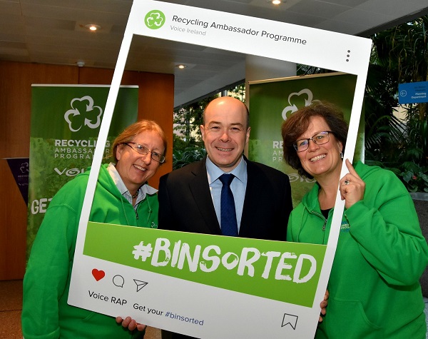 At the launch of the new Recycling Ambassador Programme in Dublin on Wednesday, were Suzie Cahn, Project Co-Ordinator for Recycling Ambassador Programme, Minister for Communications, Climate Action and Environment Denis Naughten & Mindy O’Brien, Co-ordinator at VOICE.